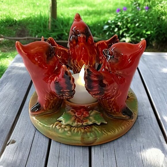 Cardinal Ceramic Candle Holder Trio Circle Tea Light Votive Christmas Winter - Picture 1 of 16